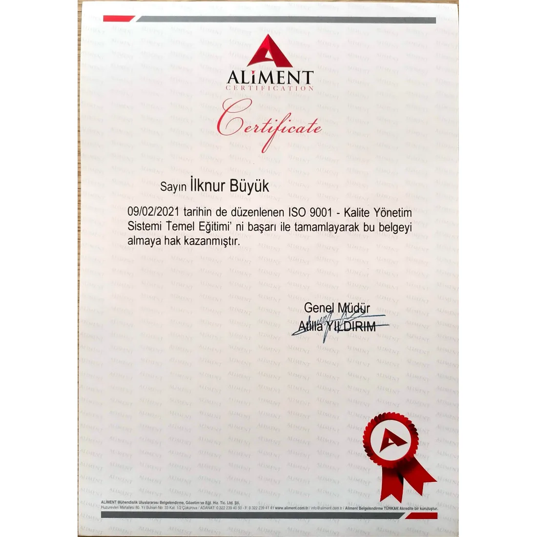 ISO 9001 Kalite Yönetim Sistemi Sertifikası