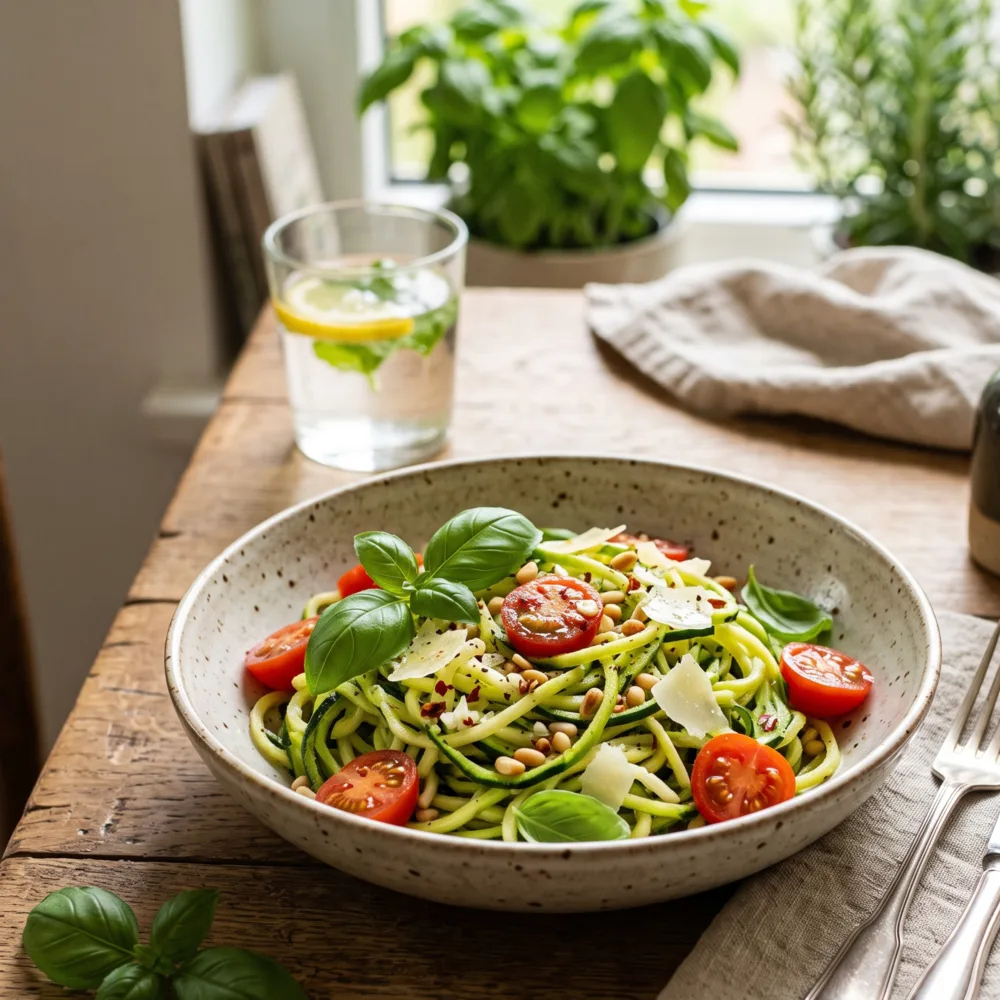 Domates soslu kabak spagetti (zoodle) tabakta