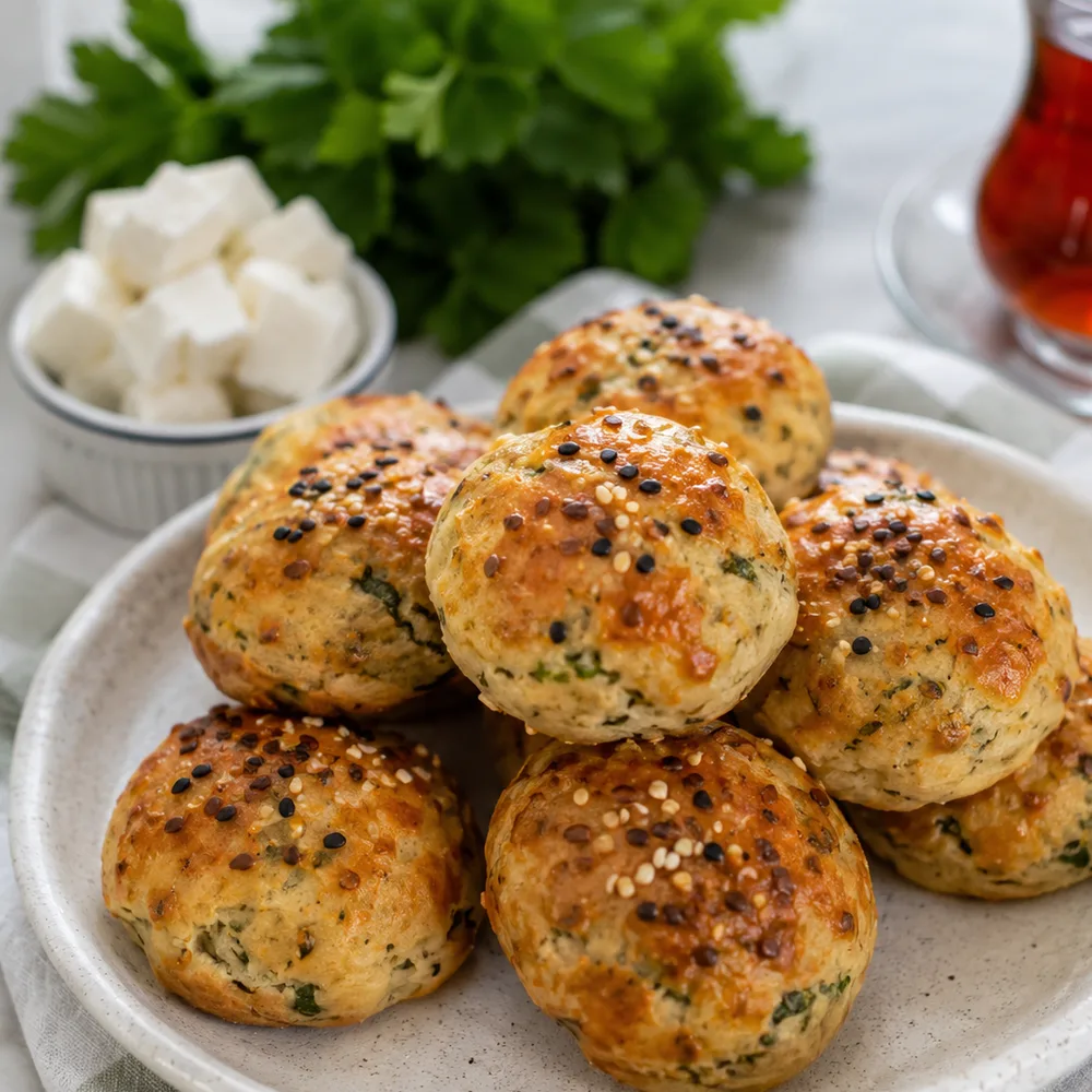 Çörekotlu mini diyet poğaçalar tabakta