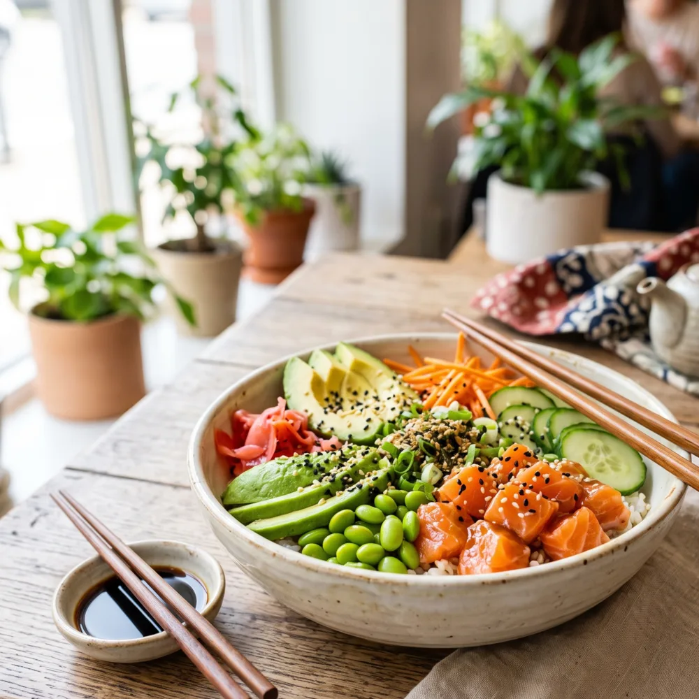 Somonlu ve avokadolu sushi bowl, çubuklarla servis
